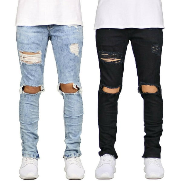 Stretch Denim Pant Distressed Ripped Freyed Slim Fit Pocket Jeans for Men Skinny Denim Jeans Black Kstare Trousers for Men 